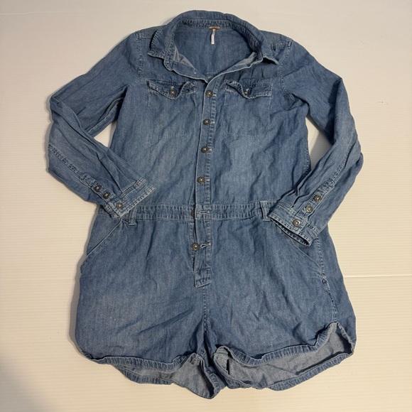 Free People Rivet Blue Denim Jean Chambray Long Sleeve Romper Large - Picture 2 of 11